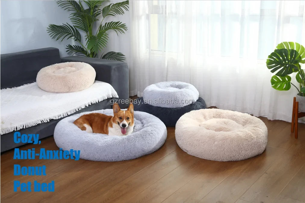 Nice Quality Drop Shipping Cute Animal Fluffy Dog Bed Premium Plush Donut Calming Bed for Pet